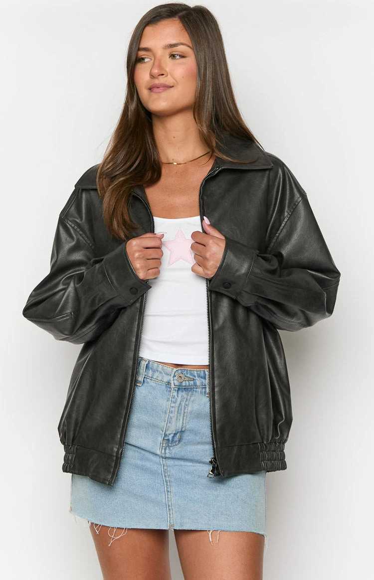 Abbi PU Vintage Black Bomber Jacket - Image 2