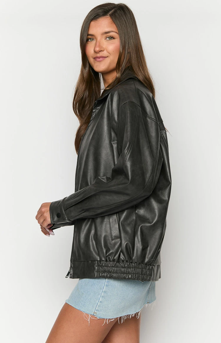 Abbi PU Vintage Black Bomber Jacket - Image 4