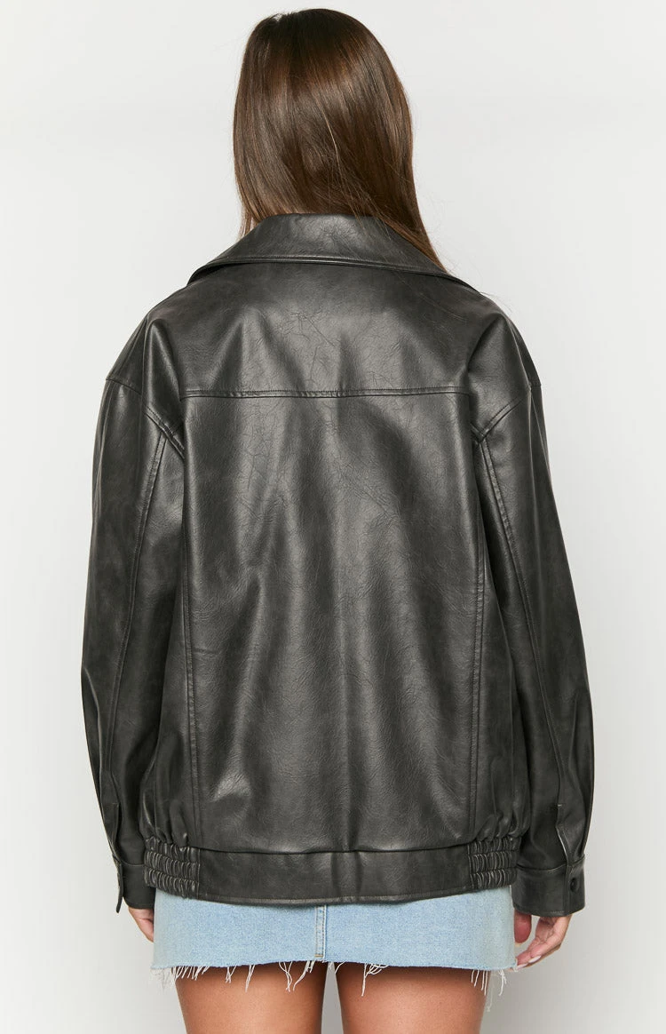 Abbi PU Vintage Black Bomber Jacket - Image 5