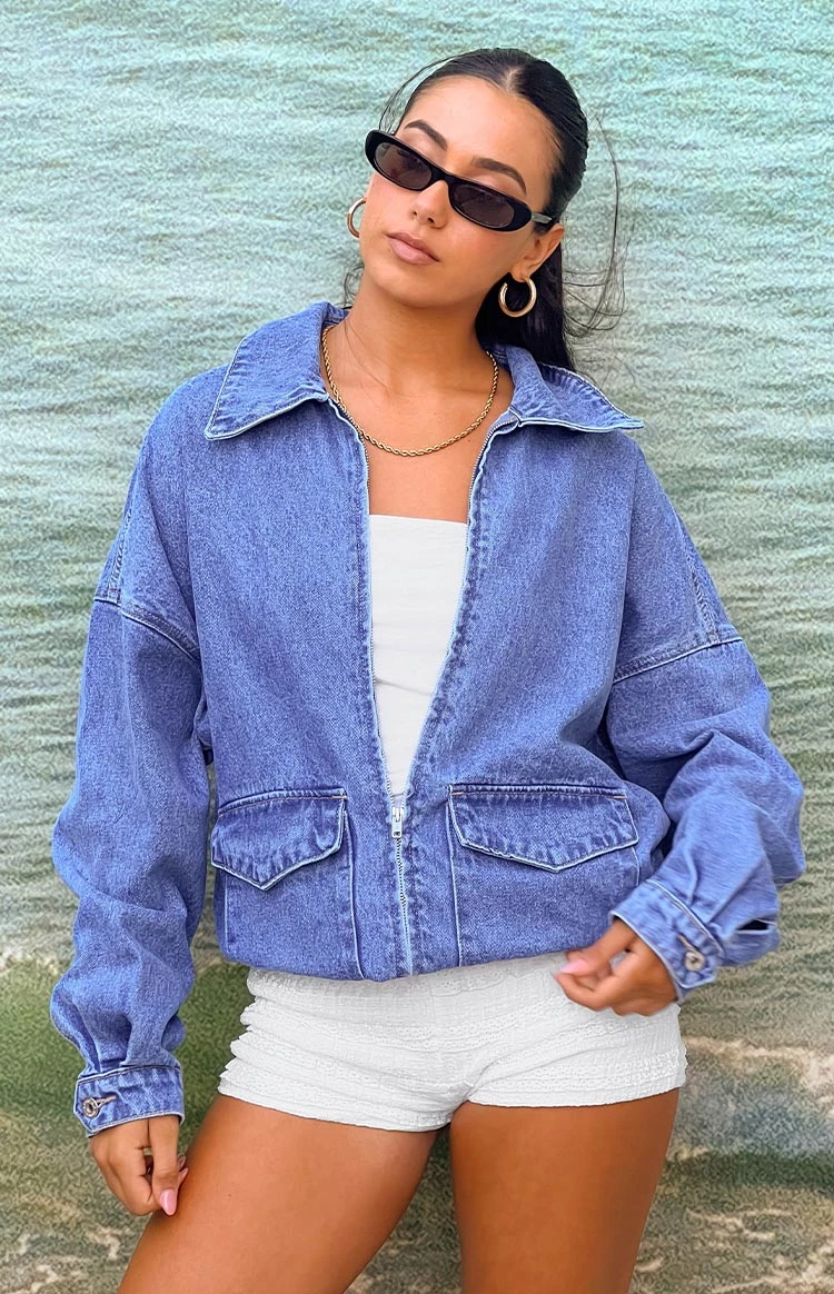 Abigail Mid Wash Denim Bomber Jacket - Image 9
