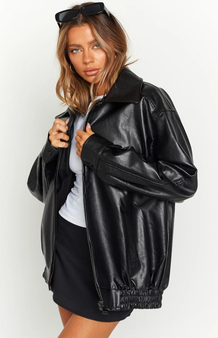 Abbi PU Black Bomber Jacket - Image 4