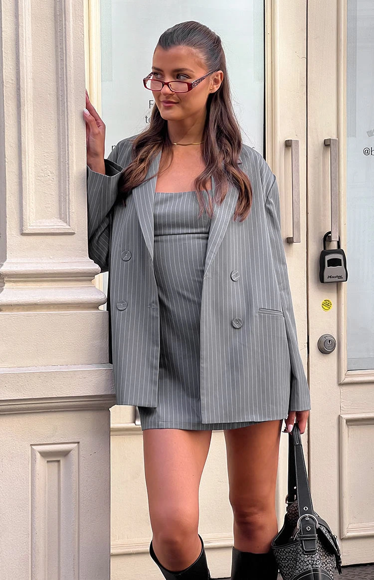 Amelia Grey Striped Mini Dress - Image 8