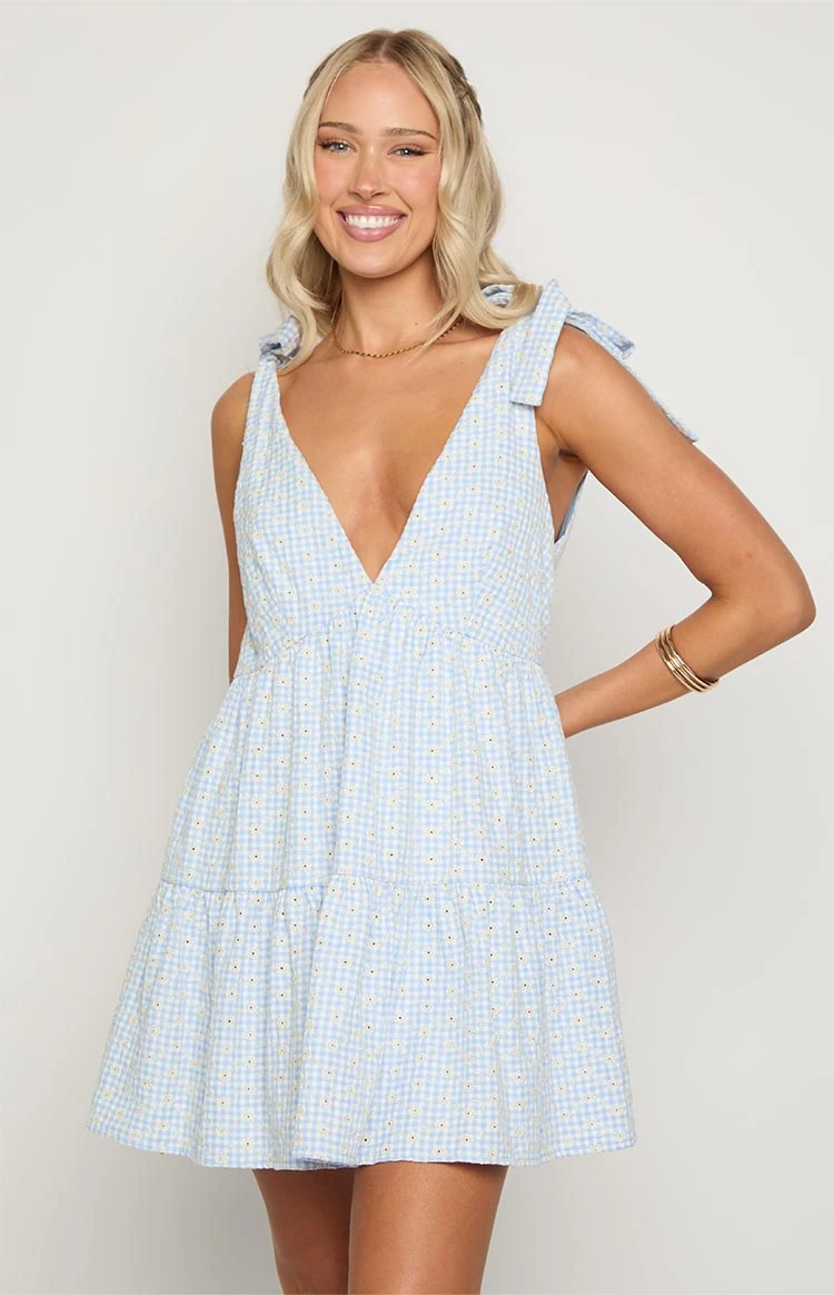 Angel Girl Blue Gingham Floral Mini Dress - Image 4