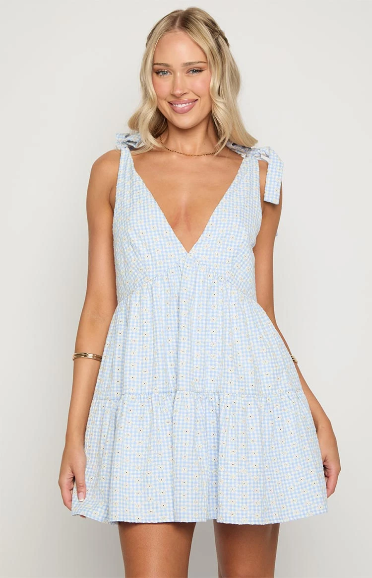 Angel Girl Blue Gingham Floral Mini Dress - Image 2