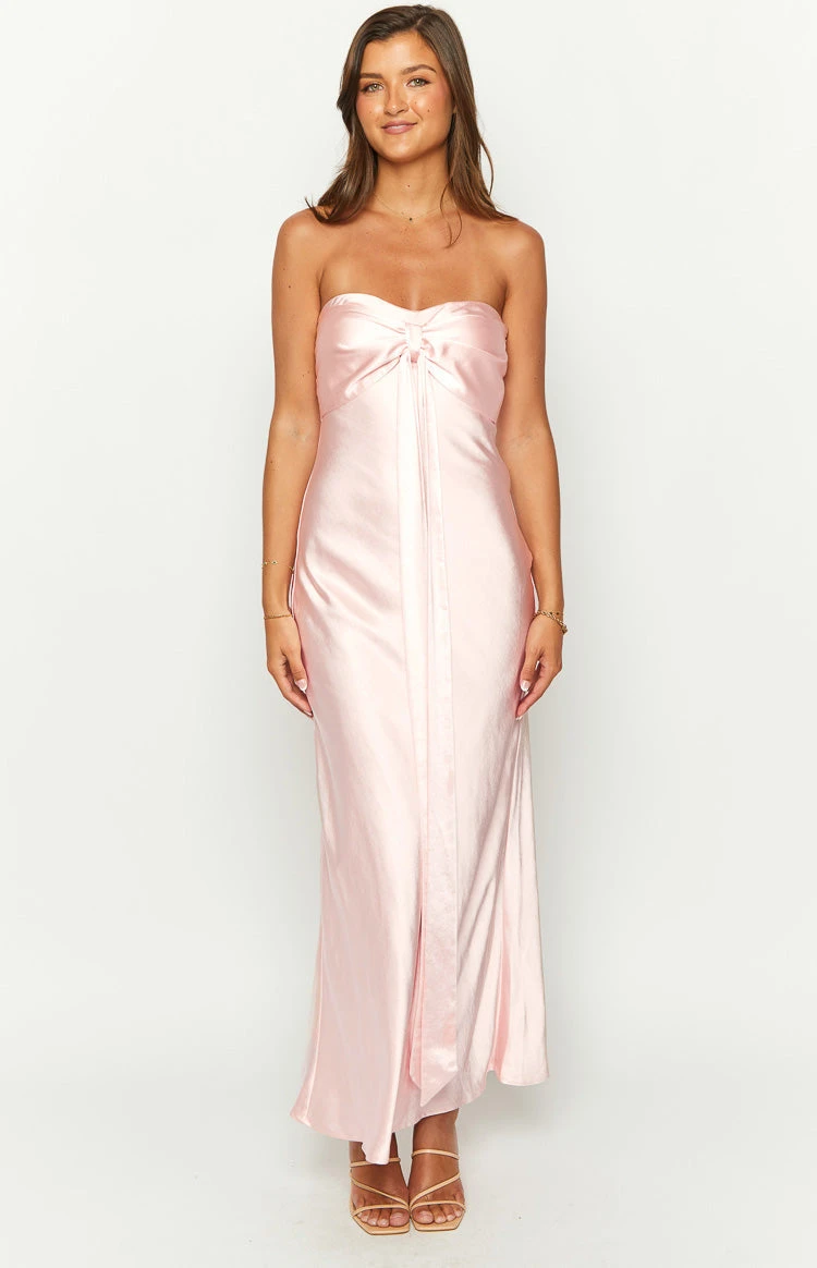 Ariella Pink Satin Strapless Maxi Dress - Image 3