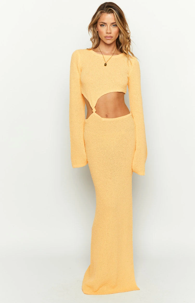 Arya Yellow Long Sleeve Knit Maxi Dress - Image 2