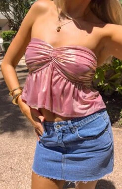 Barbara Pink Metallic Strapless Crop Top
