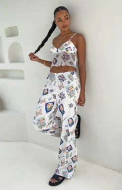 Bridget White Satin Italia Print Pants