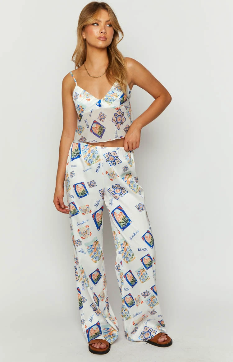 Bridget White Satin Italia Print Pants - Image 2