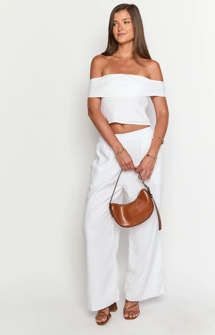 Celsia White Linen Blend Off The Shoulder Crop Top - Image 3