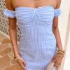 Charlie Blue Striped Off Shoulder Mini Dress