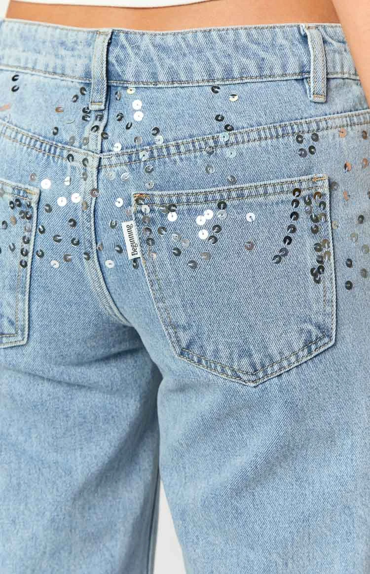 Clara Sequin Light Wash Denim Low Rise Jeans - Image 7