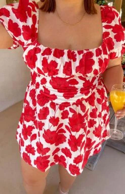 Danyal Red Anemone Floral Print Mini Dress