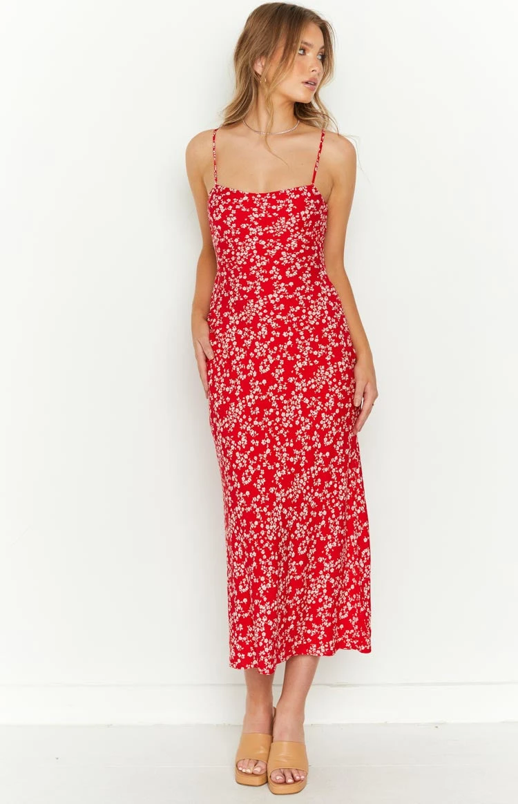 Delphine Red Floral Midi Dress - Image 4