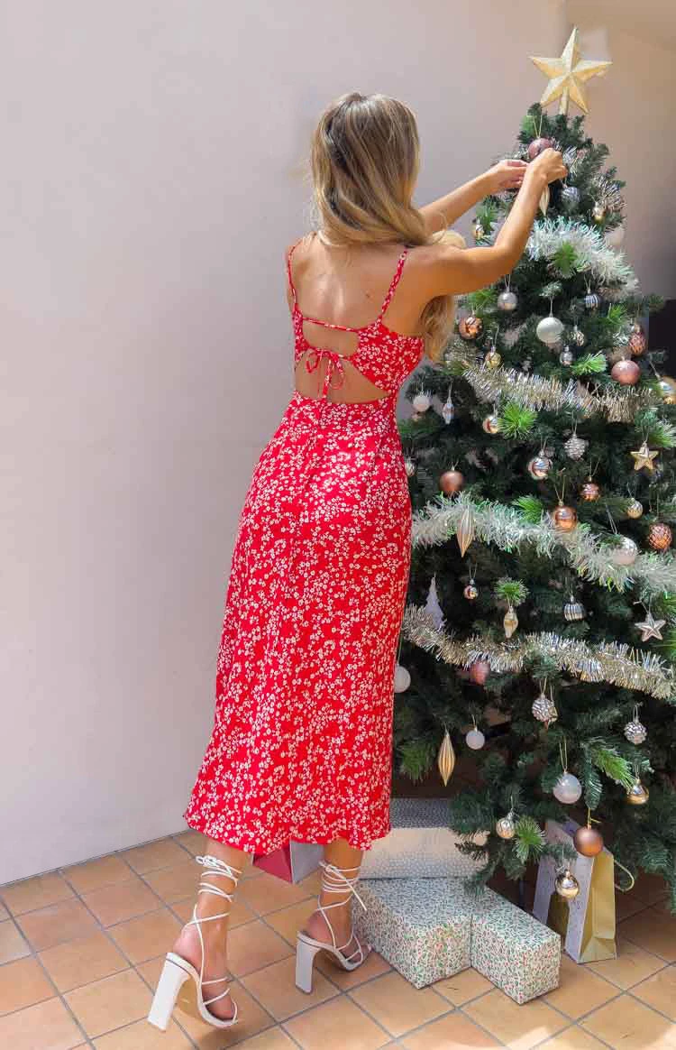 Delphine Red Floral Midi Dress - Image 8
