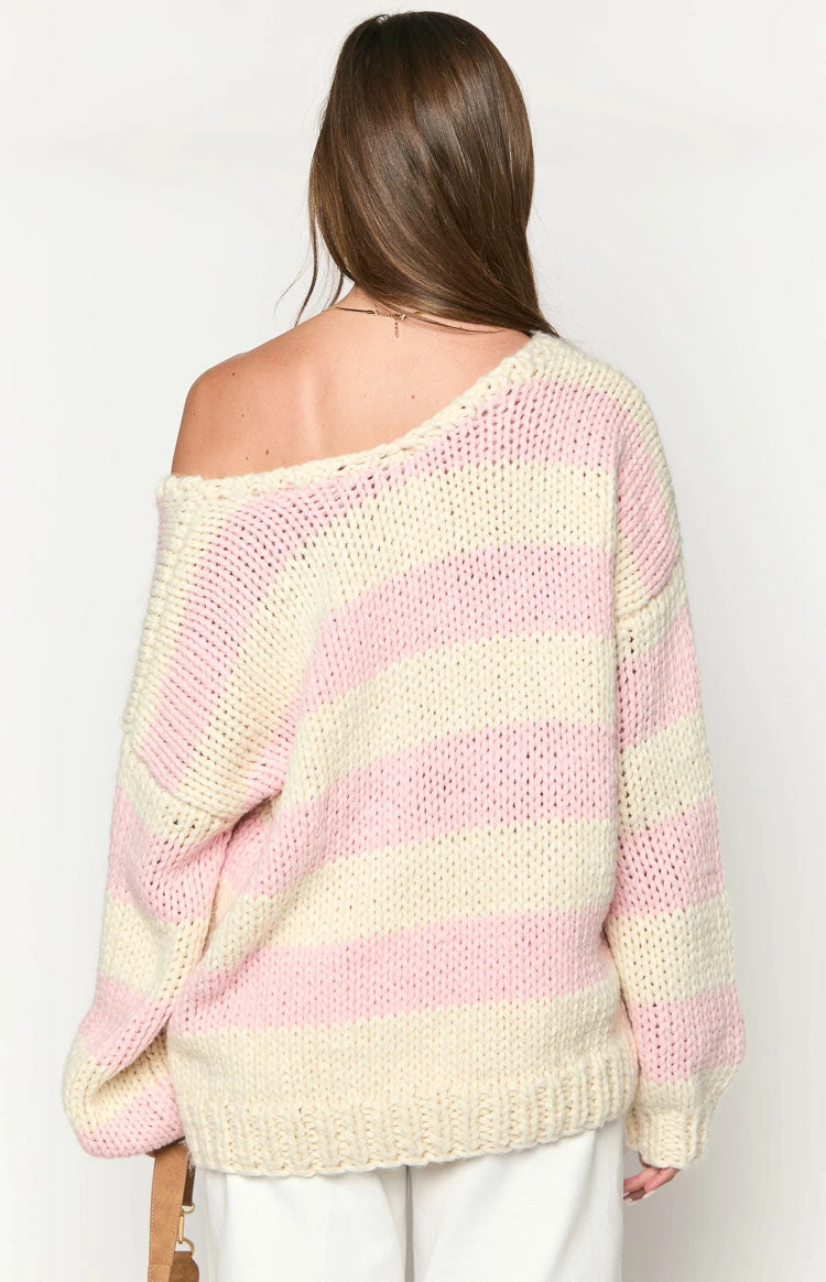 Delvey Pink Striped Chunky Knit Sweater - Image 3