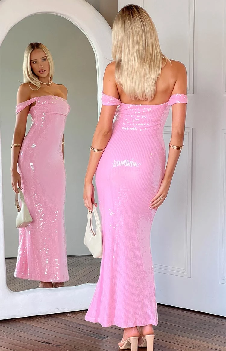 Ella Pink Sequin Off Shoulder Formal Maxi Dress - Image 9