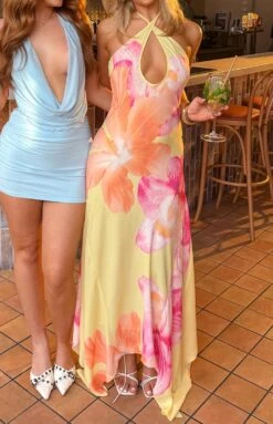 Elowen Yellow Hibiscus Floral Halter Maxi Dress