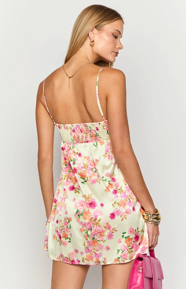 Elsa Yellow Bloom Satin Mini Dress - Image 5