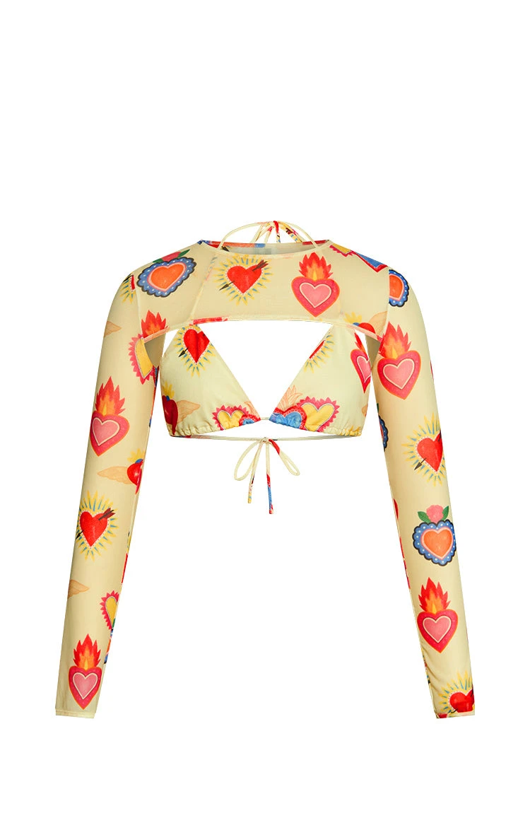 Enya Yellow Heart Printed Mesh Bra And Crop Set - Image 5