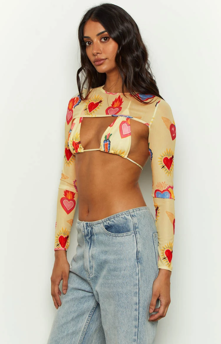 Enya Yellow Heart Printed Mesh Bra And Crop Set - Image 3