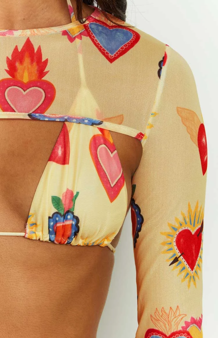 Enya Yellow Heart Printed Mesh Bra And Crop Set - Image 6