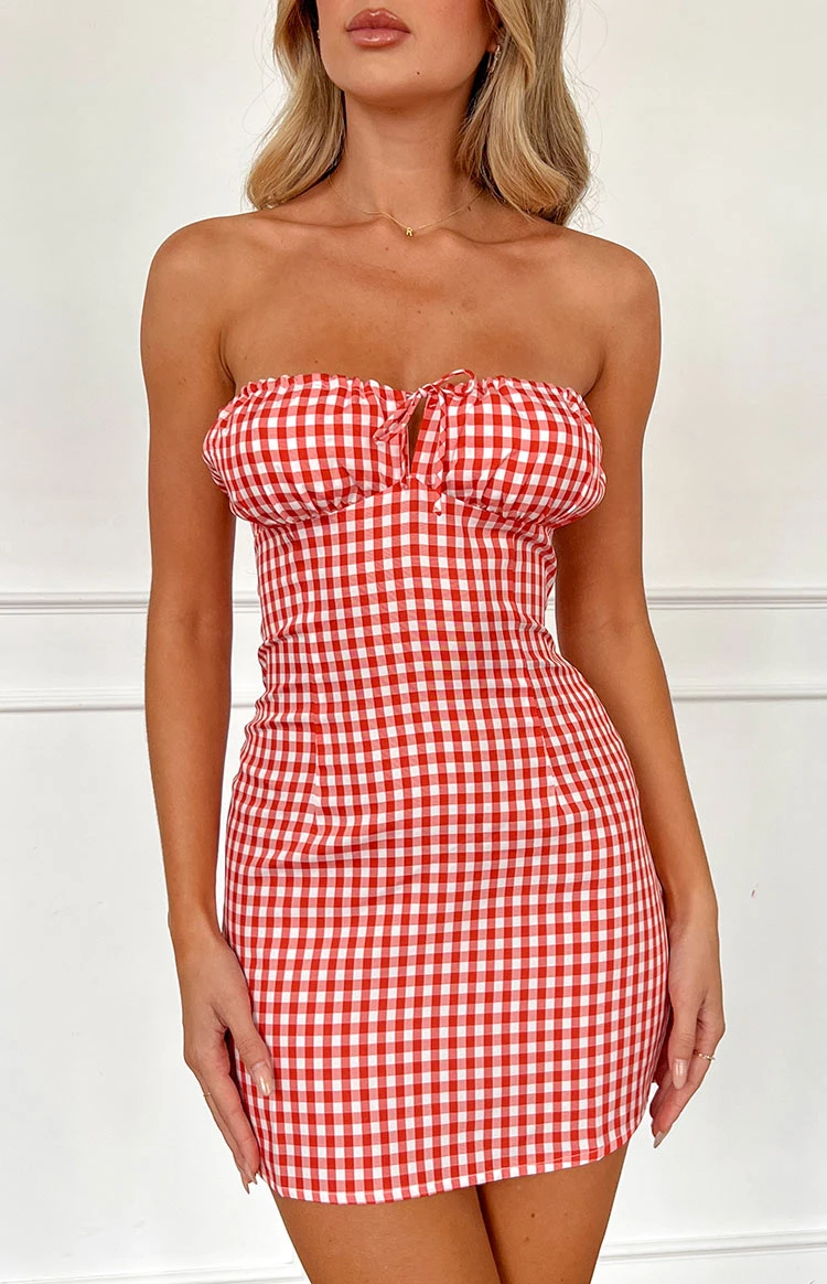 Faith Red Gingham Strapless Mini Dress - Image 17
