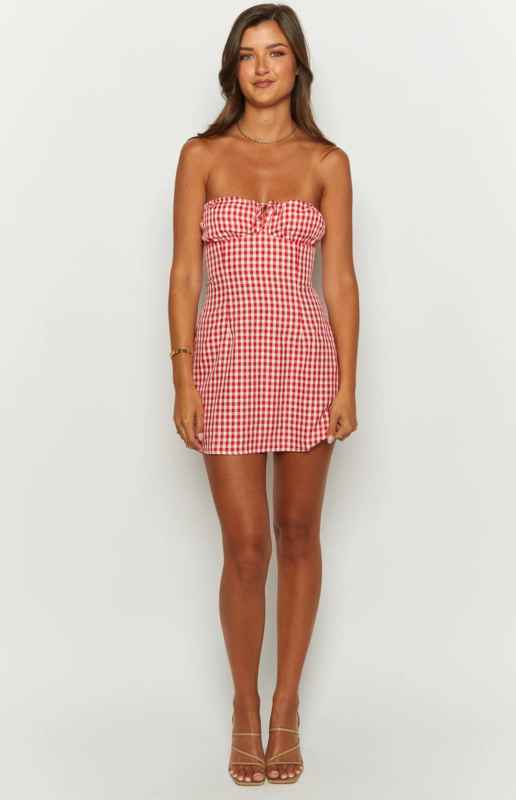 Faith Red Gingham Strapless Mini Dress - Image 3