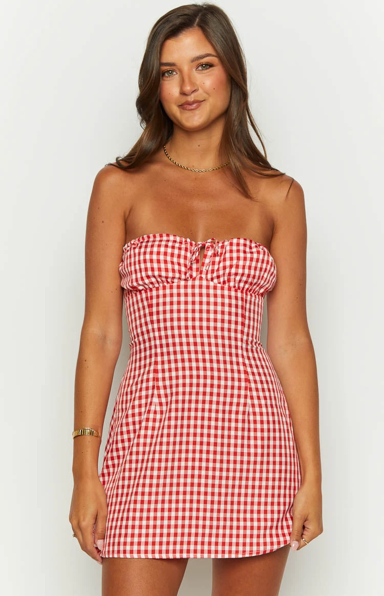 Faith Red Gingham Strapless Mini Dress - Image 2