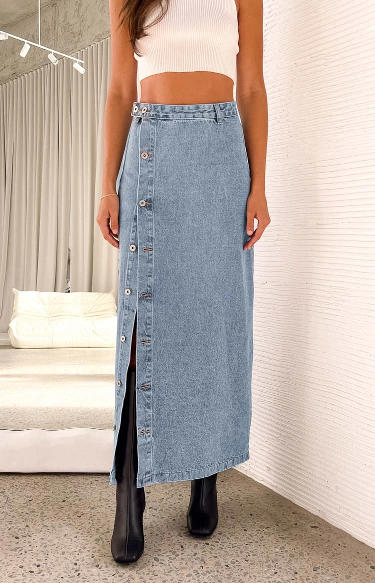 Fazio Button Side Denim Maxi Skirt - Image 7