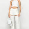 Gem Diamante Trim Wide Leg White Denim Jeans