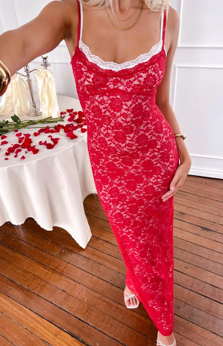 Kata Red Lace Maxi Dress - Image 13