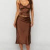 Khloe Brown Satin Midi Skirt