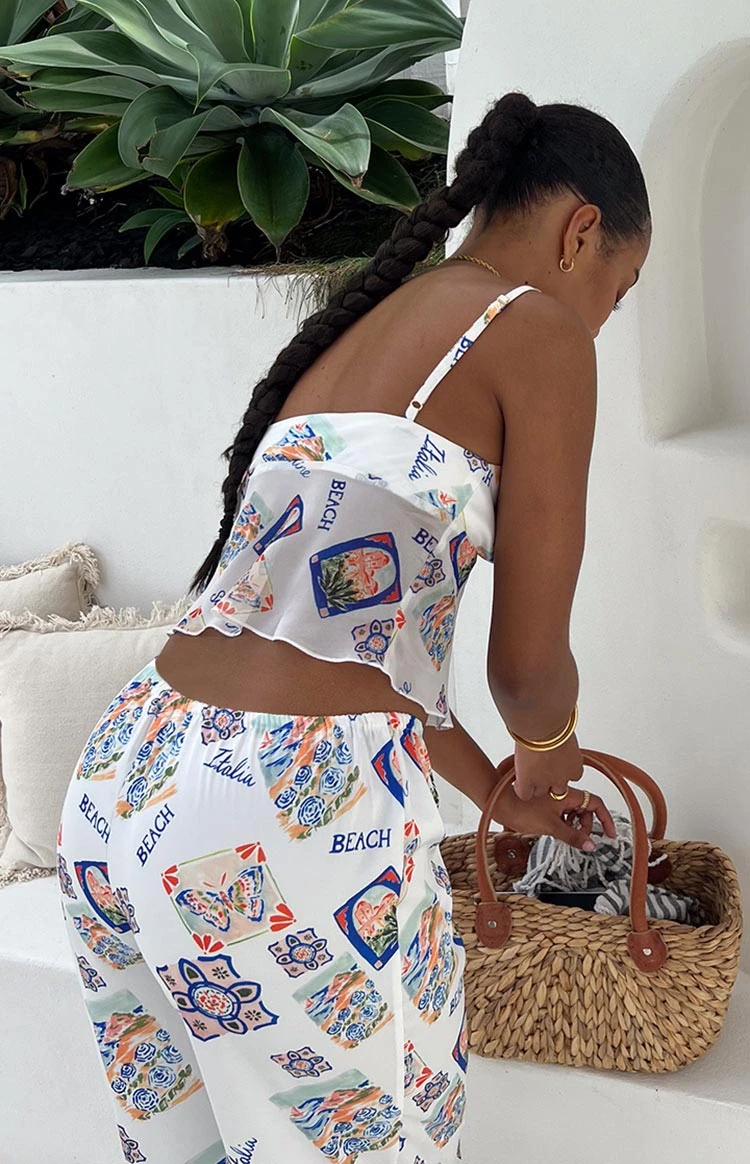 Kyrah White Satin Italia Print Crop Top - Image 9