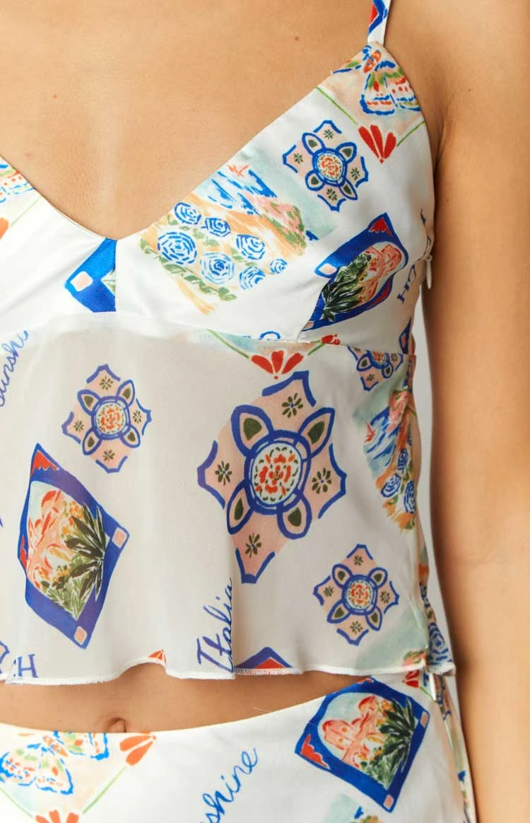 Kyrah White Satin Italia Print Crop Top - Image 7