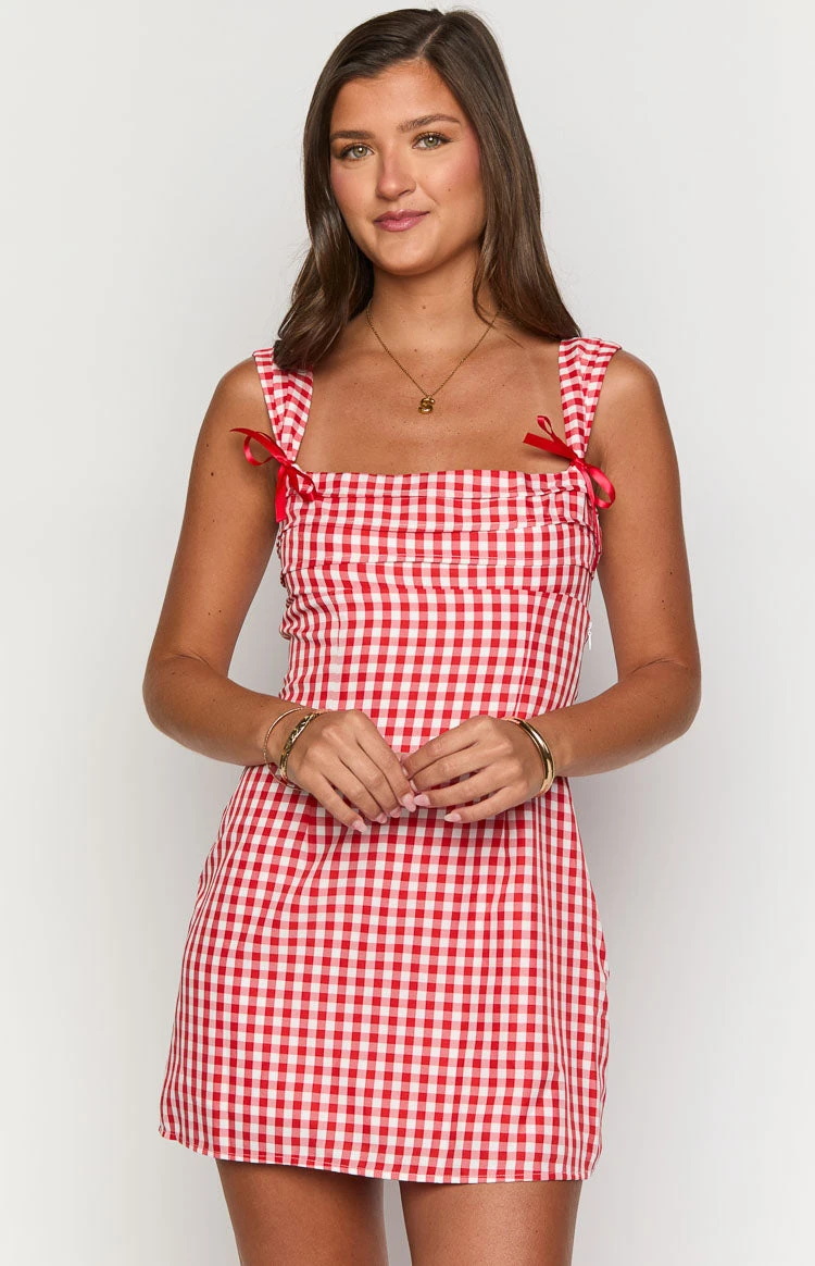 Layla Red Gingham Tie Back Mini Dress - Image 2