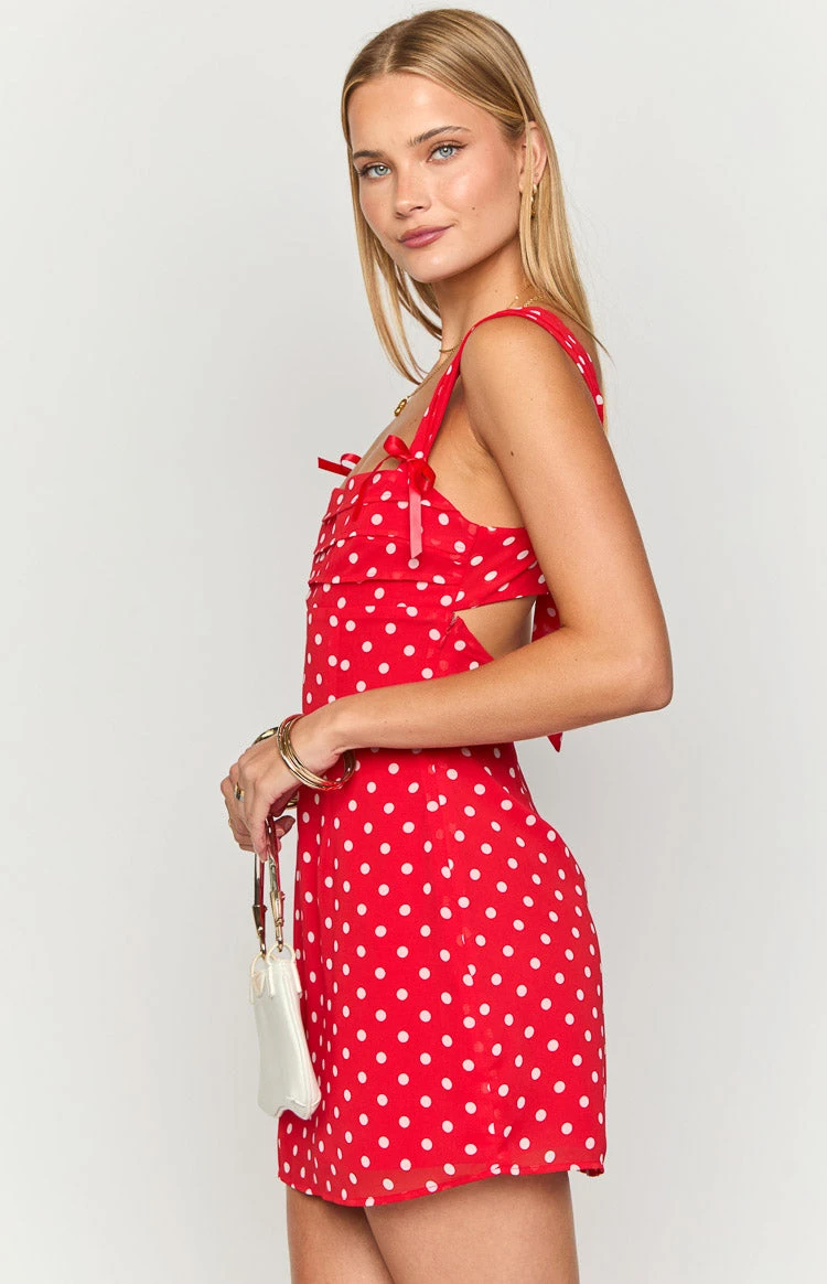 Layla Red Polka Dot Tie Back Mini Dress - Image 4