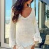 Li White Crochet Long Sleeve Mini Dress