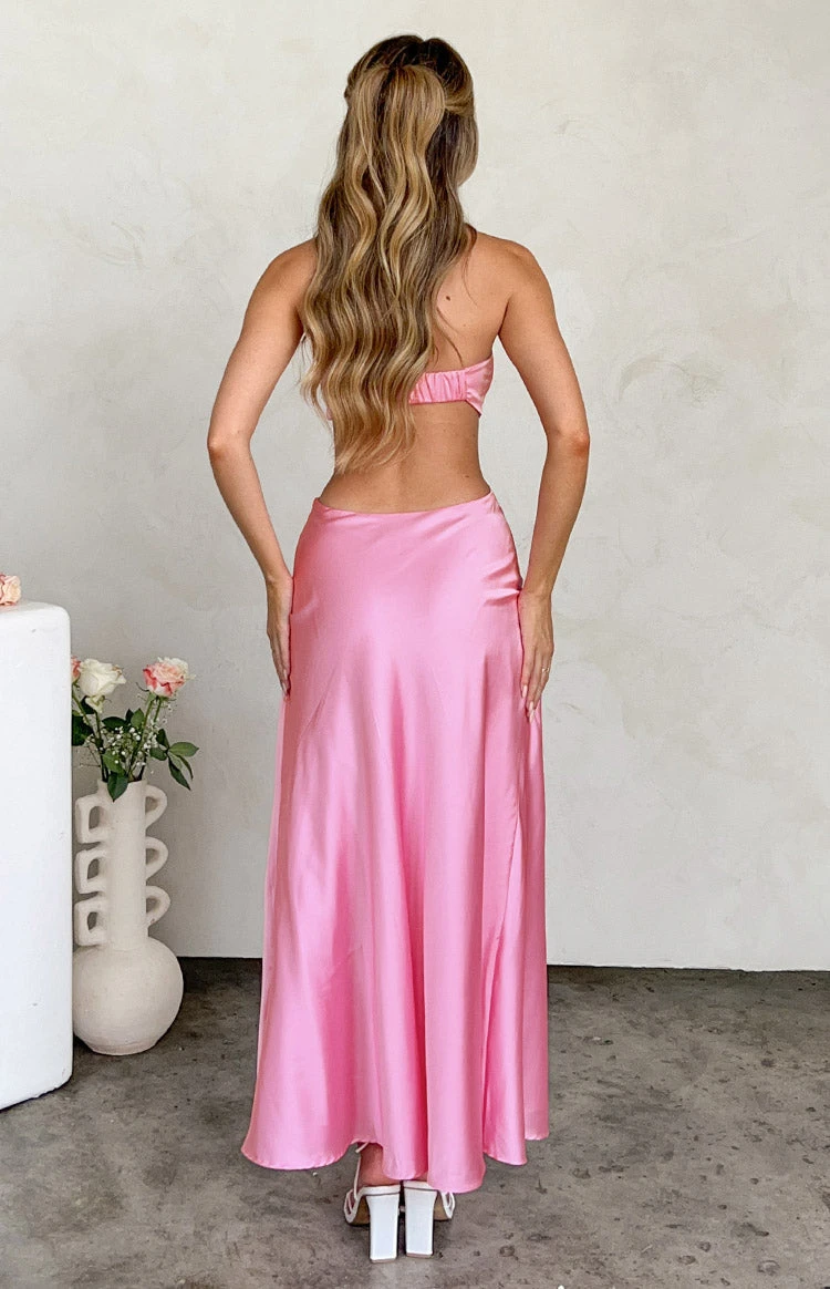Lili Pink Satin Strapless Maxi Dress - Image 8