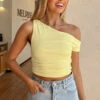 Limelight Drift Yellow Draped Off Shoulder Crop Top