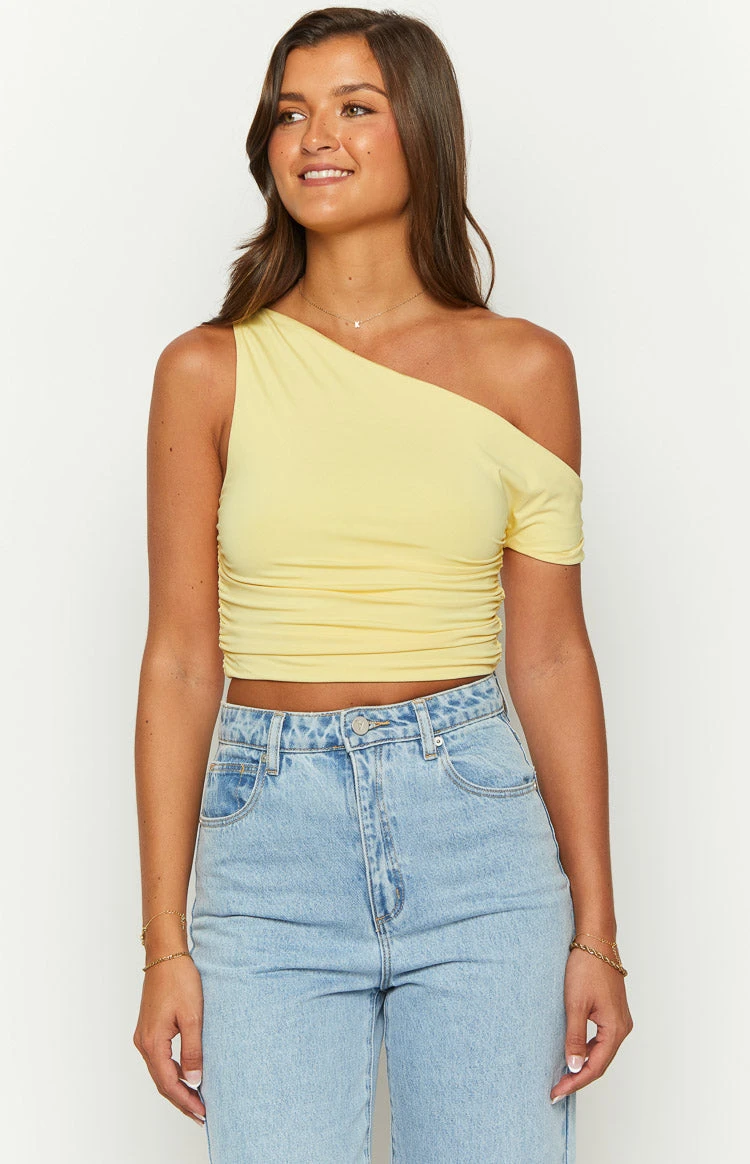 Limelight Drift Yellow Draped Off Shoulder Crop Top - Image 3