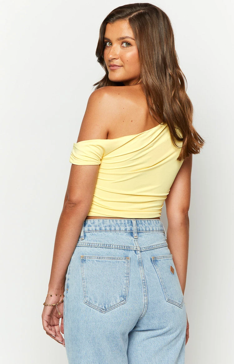 Limelight Drift Yellow Draped Off Shoulder Crop Top - Image 6