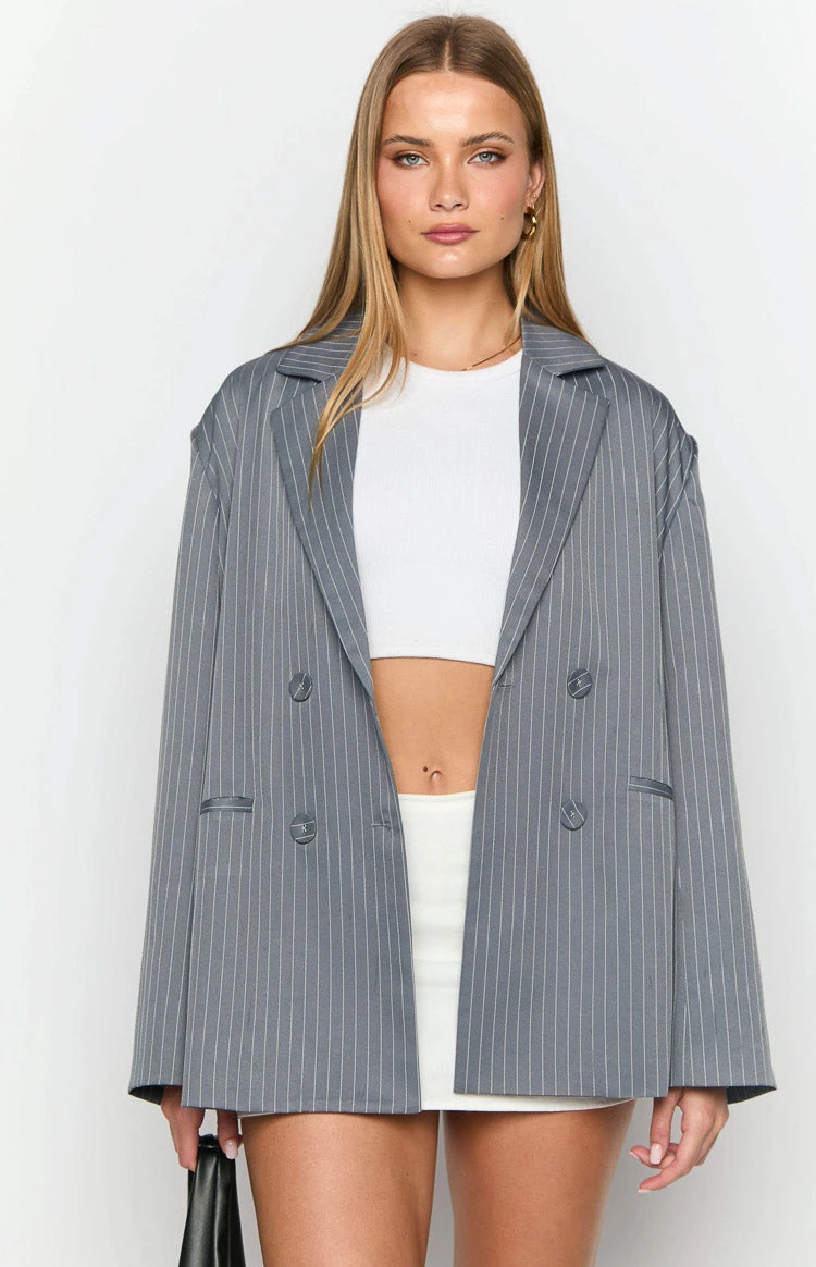Louis Grey Striped Oversized Blazer - Image 2