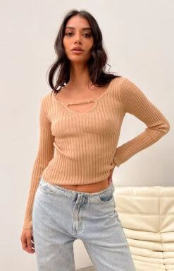Beginning Boutique Maren Beige Chain Jumper