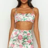 Miranda White Floral Tie Back Satin Crop Top
