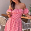 Love Lost Off The Shoulder Red Gingham Mini Dress
