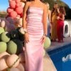 Pink Bloom Satin Strapless Maxi Dress