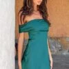 Primrose Teal Satin Off The Shoulder Mini Dress