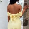Primrose Yellow Satin Off The Shoulder Mini Dress