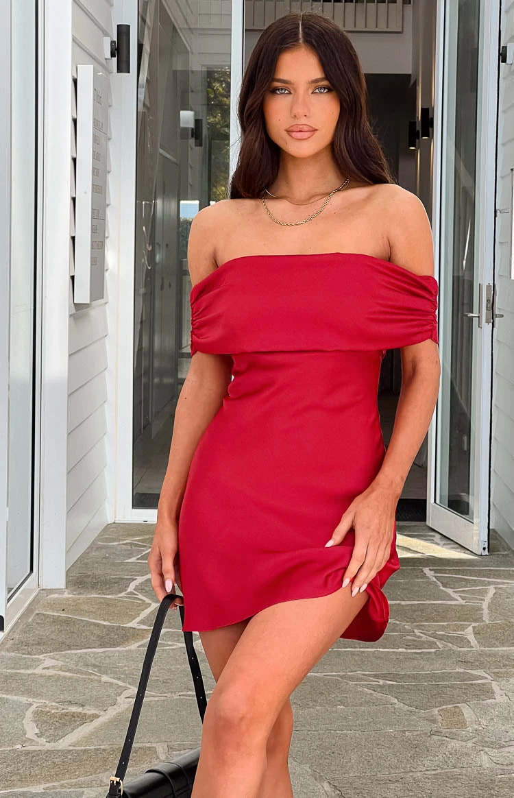Primrose Red Satin Off The Shoulder Mini Dress - Image 8